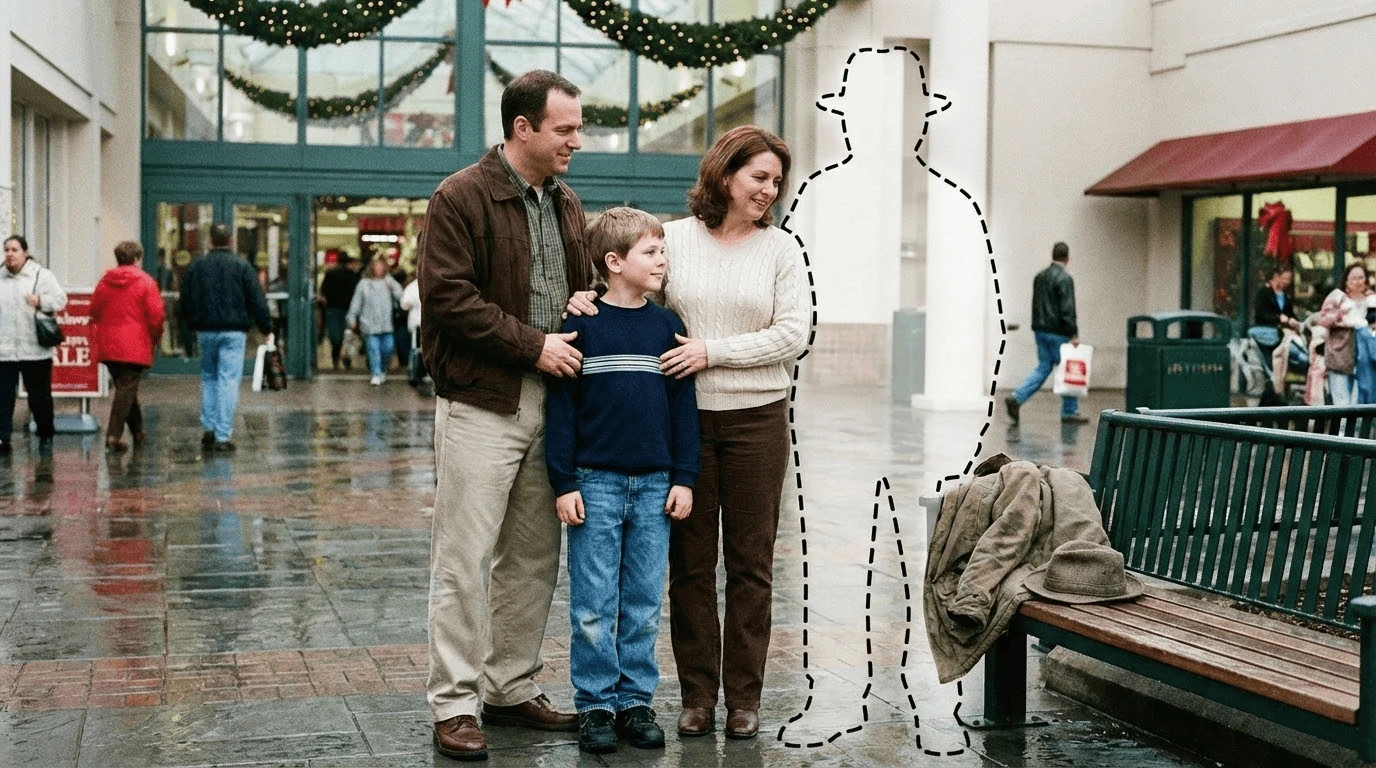 Original family photo with space marked for an absent relative