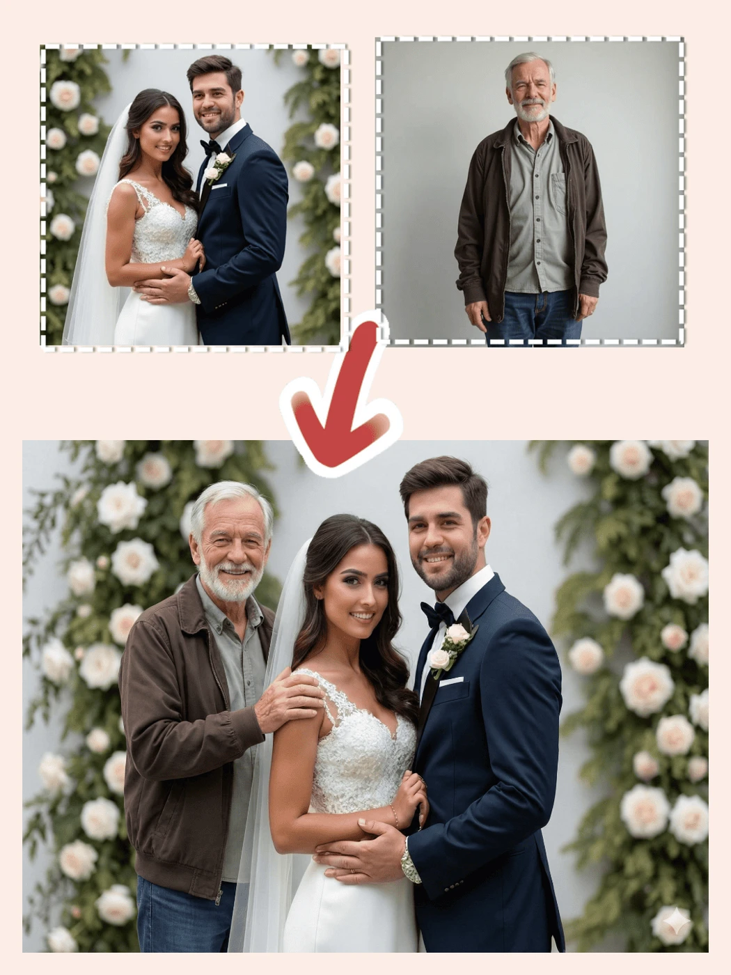 Wedding references arranged above a family portrait with an added parent