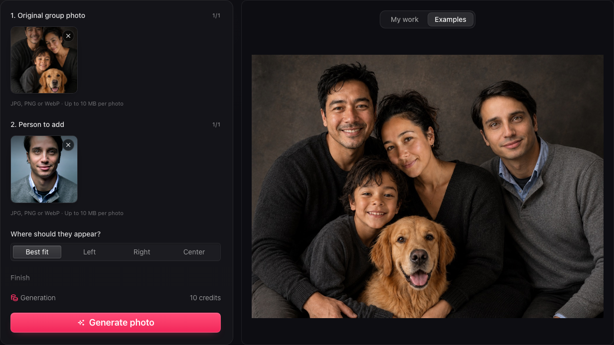 Reference photo inputs and scene controls in the add deceased loved one to photo workspace
