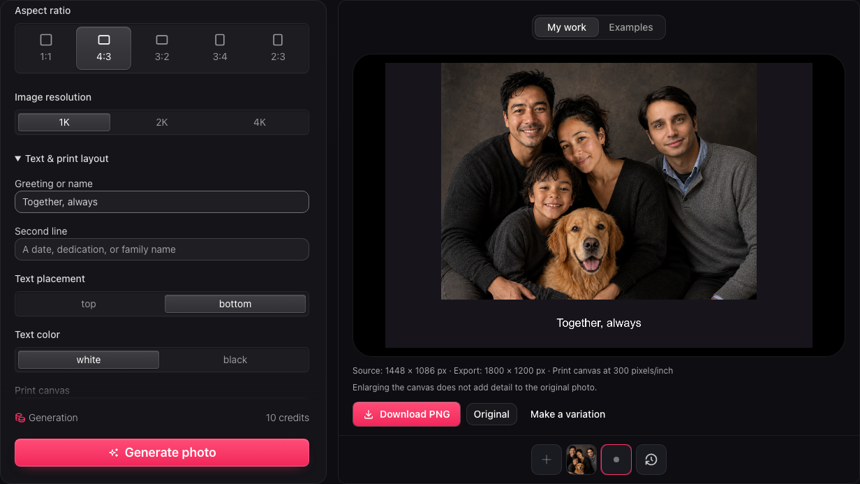 Text, print layout and export controls in the add deceased loved one to photo workspace