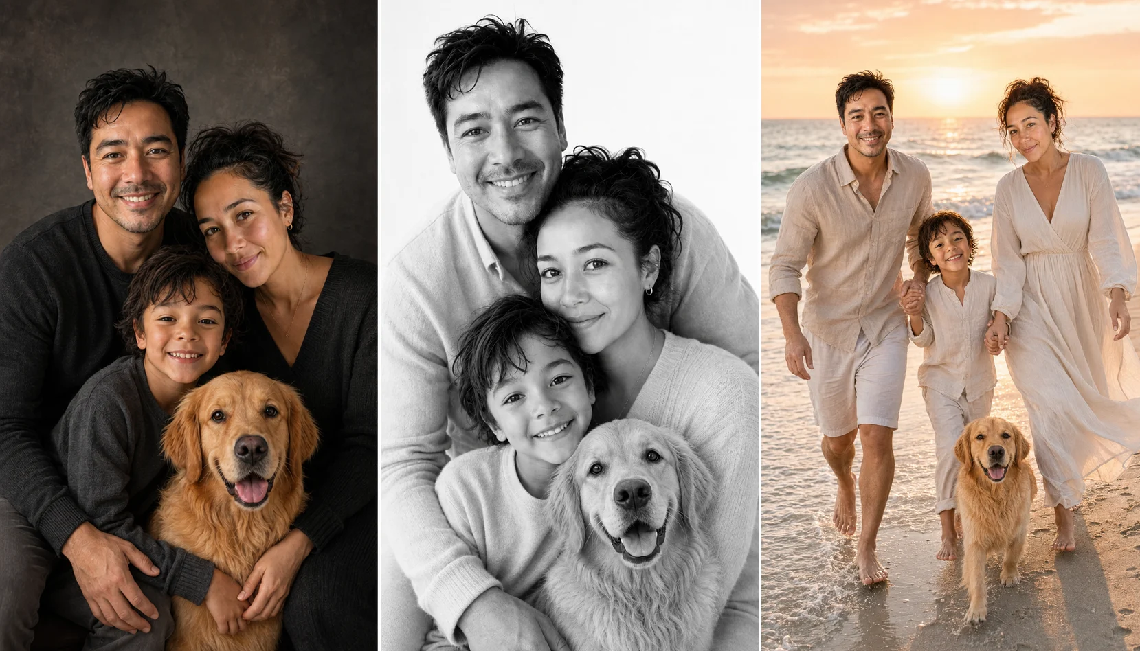 The same family in studio, monochrome and beach portraits