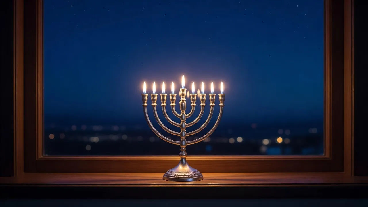 A Hanukkah menorah glowing in a blue evening scene